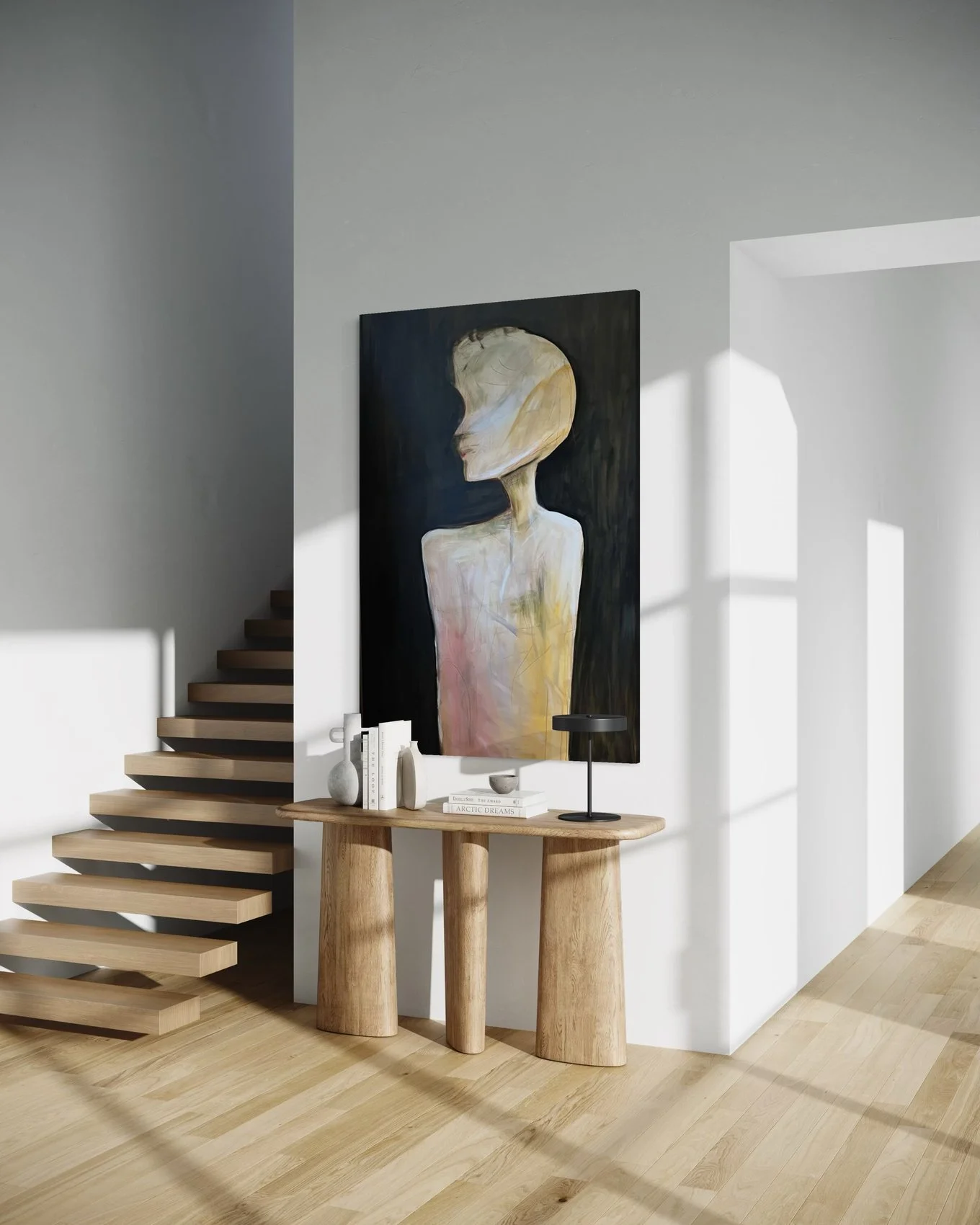 Illustrasjon: «The light from within», akrylmaleri av en hvit, sentrert figur mot mørk bakgrunn. Stille og monumental. I en entré.
