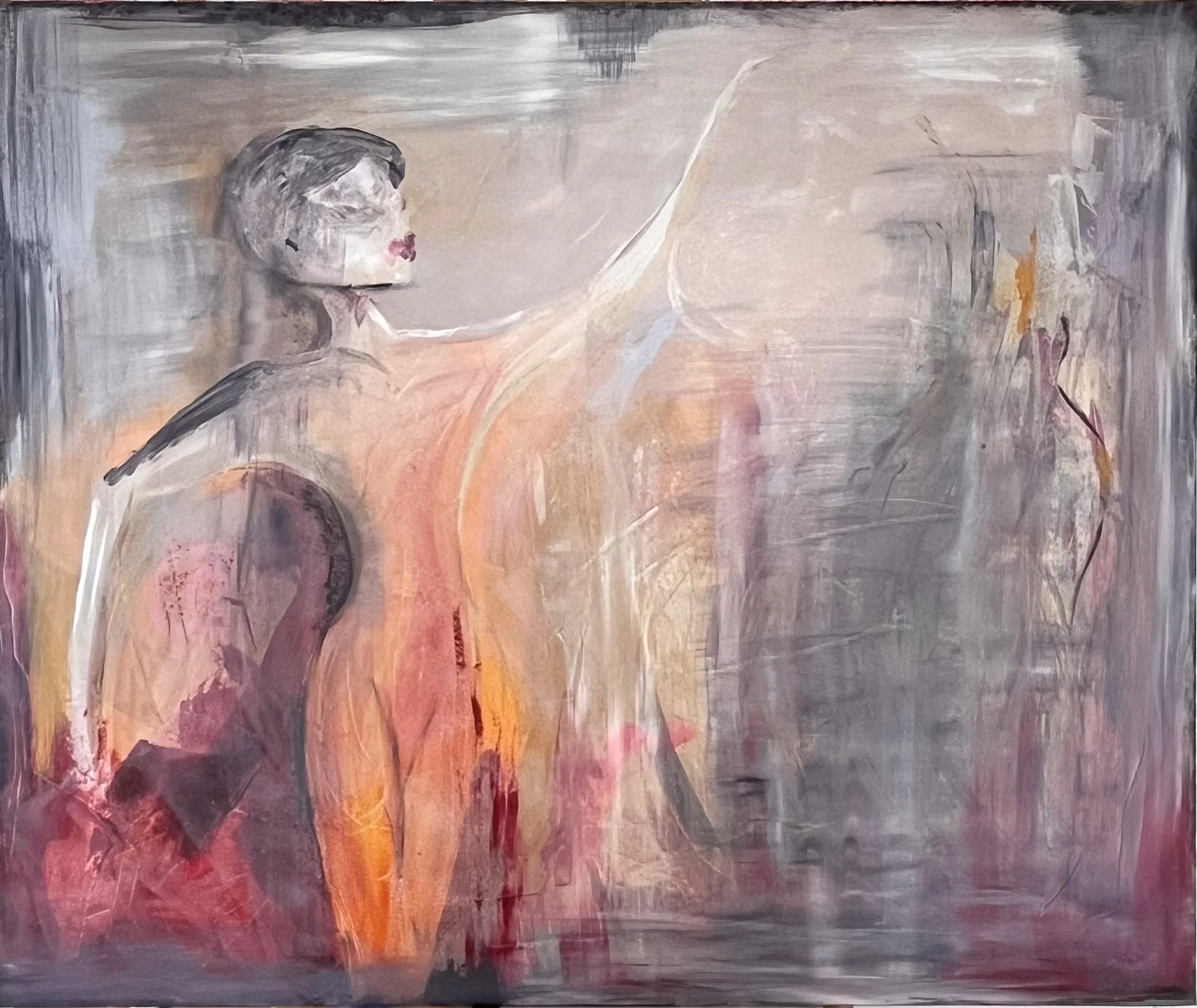 «Dancing Queen», akrylmaleri av en lys skikkelse med løftet arm i grå, rosa og oransje toner.