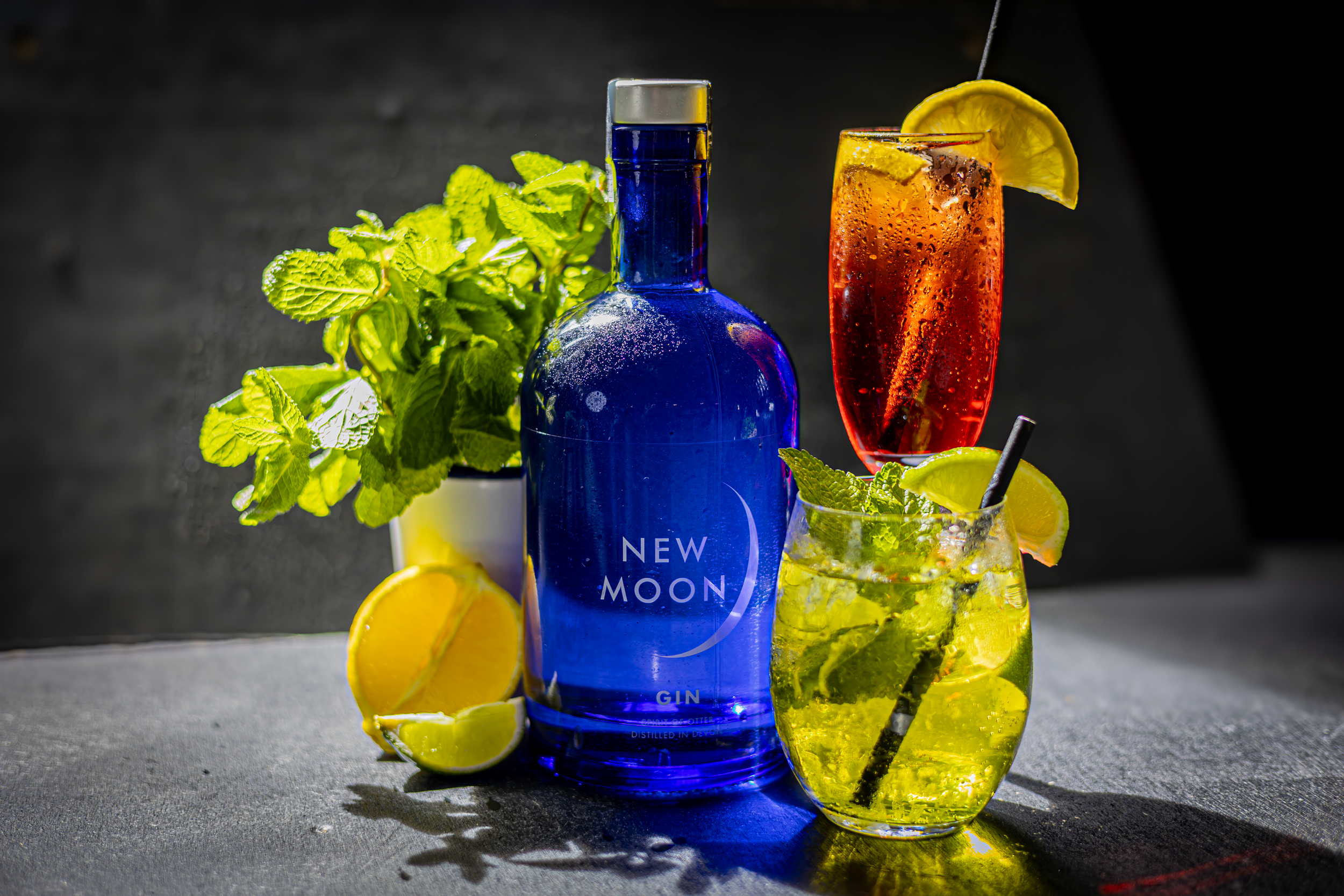 A blue gin bottle labeled 'New Moon' surrounded by a mojito cocktail with lemon slices, mint leaves, and ice, and a red cocktail garnished with a lemon wedge, all on a dark surface with reflected light.