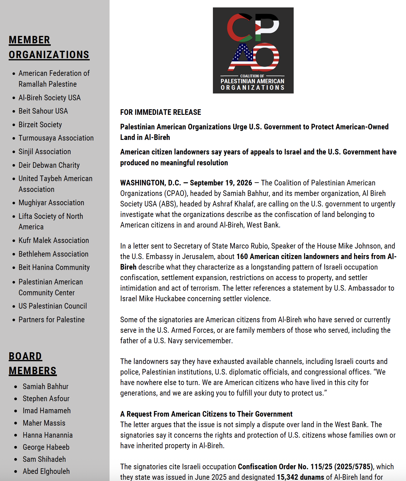 Palestinian American Organizations Urge U.S. Government to Protect American-OwnedLand in Al-Bireh 