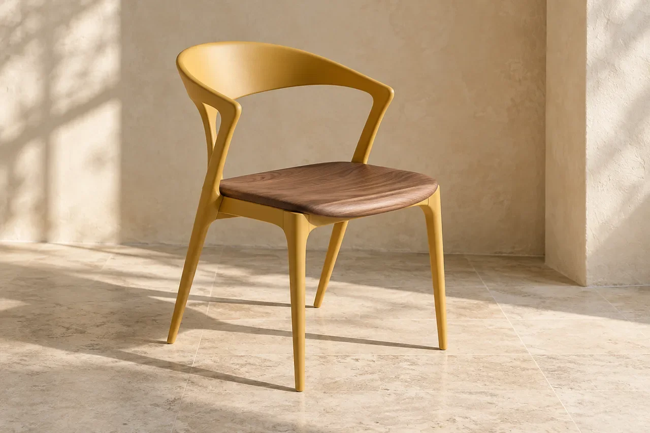 Illustrative ochre-painted chair with a walnut seat