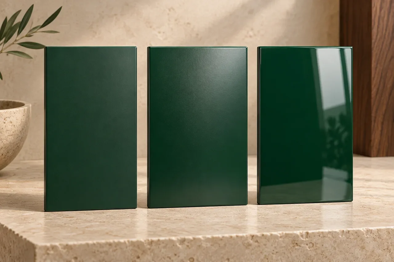 Illustrative green finish samples showing matt, satin and high-gloss appearances