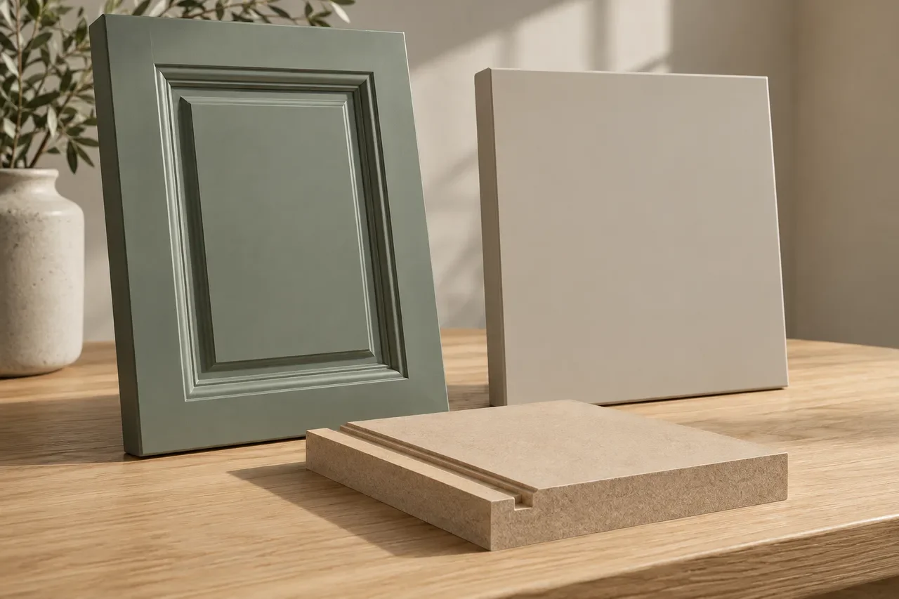 Illustrative MDF cabinet components with sage and neutral fronts beside an unfinished edge sample