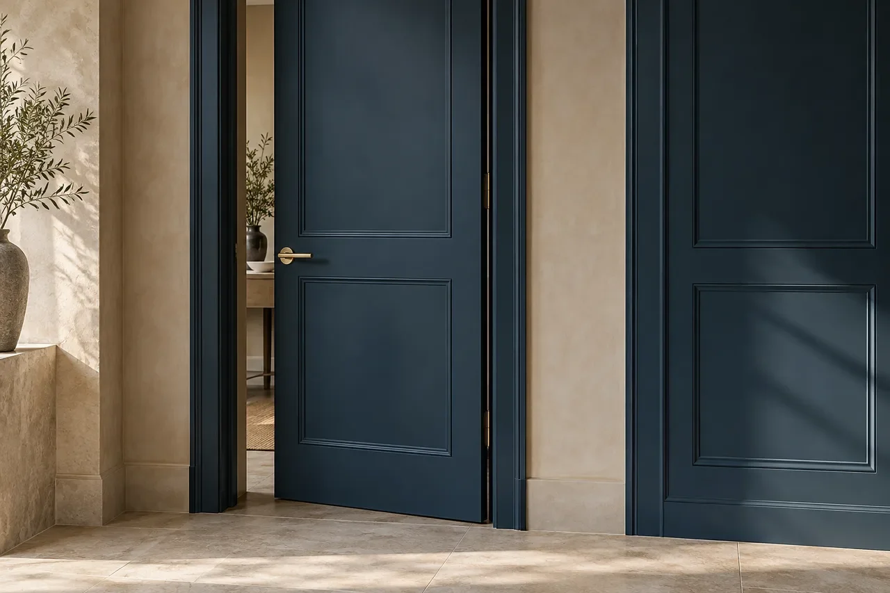 Illustrative petrol-blue interior door and matching panelling