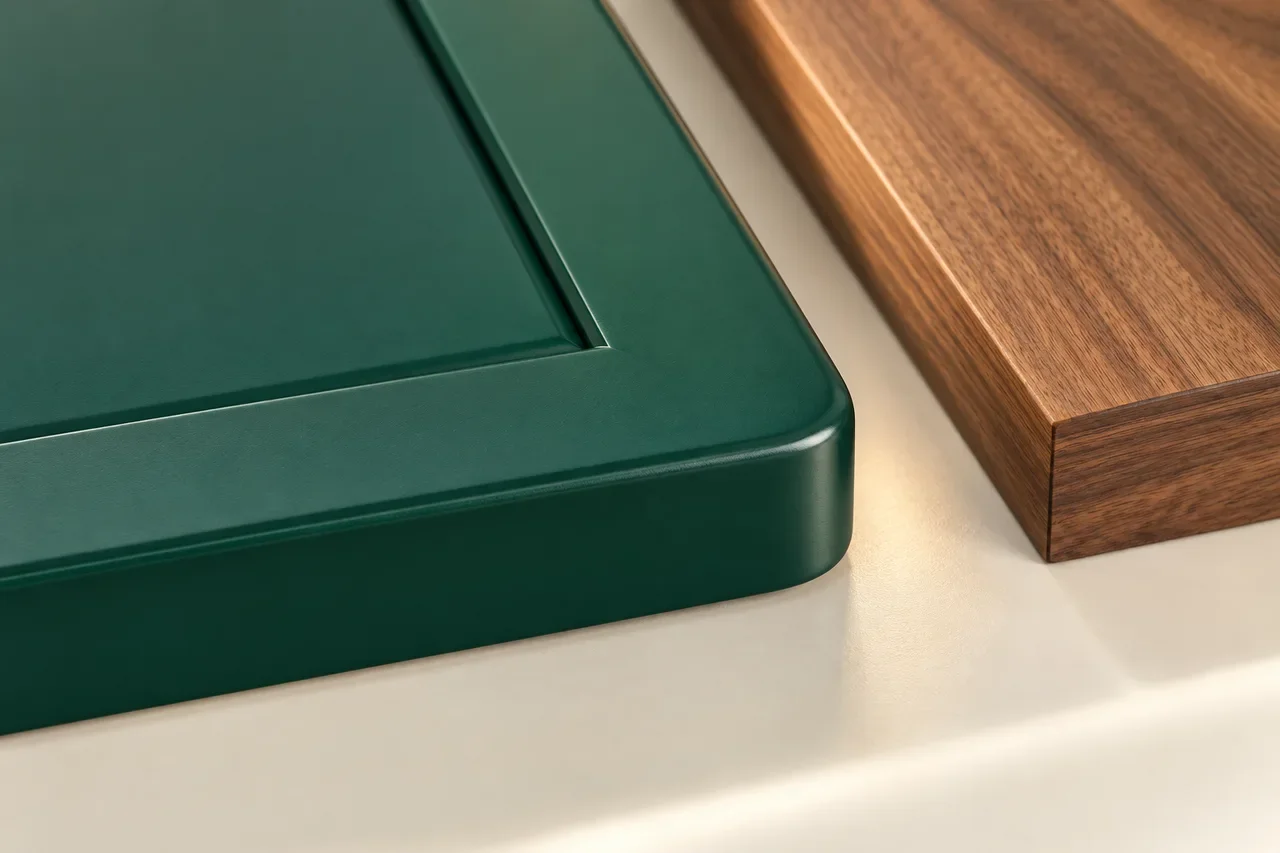 Illustrative close-up of a green-painted furniture edge beside a warm neutral surface