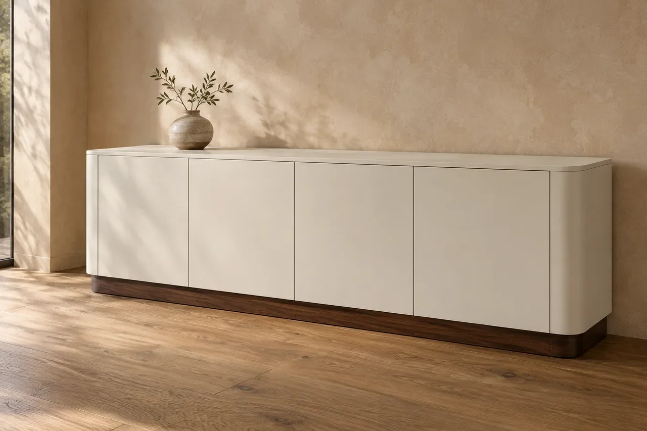 Illustrative ivory sideboard with rounded corners and a dark walnut plinth