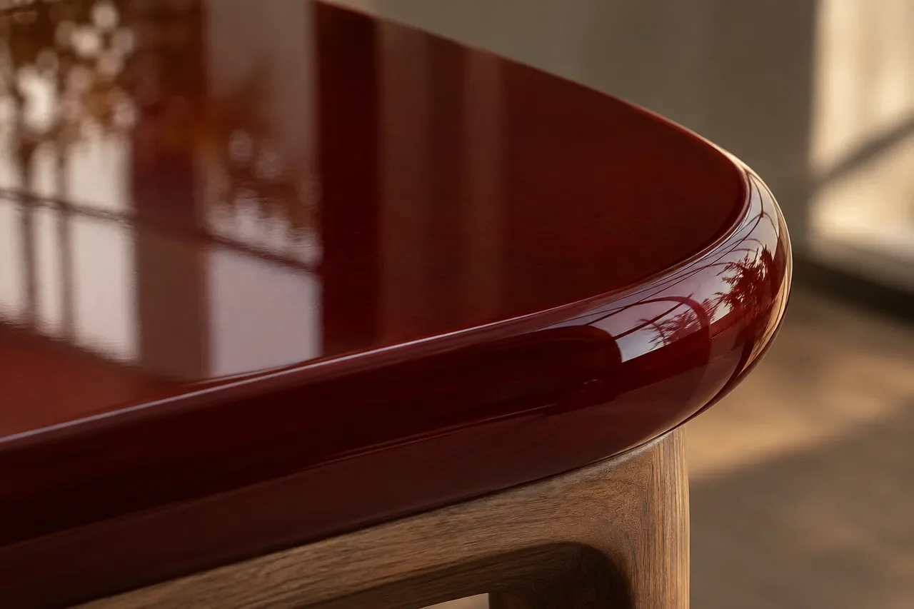 Illustrative high-gloss reddish-brown furniture top with a rounded edge and walnut base