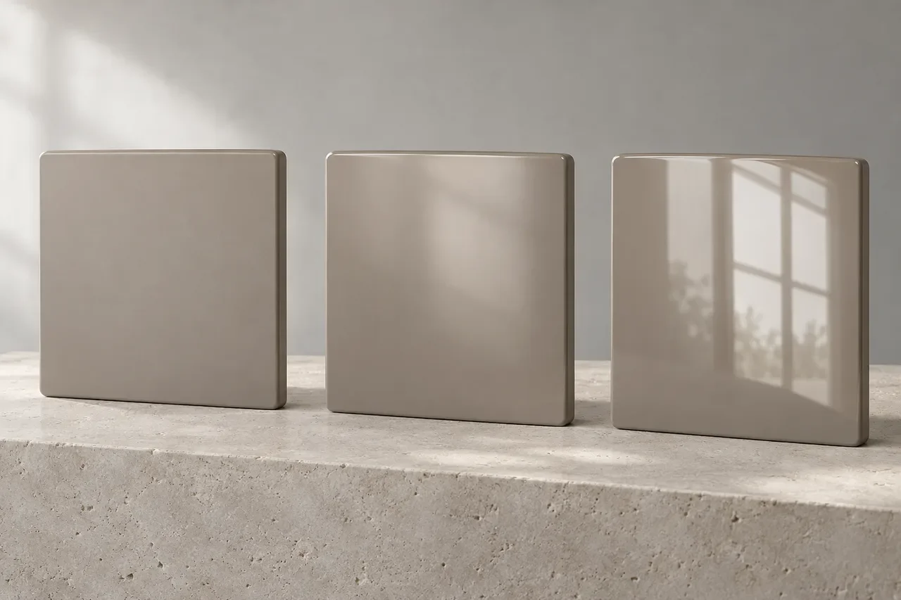 Illustrative mushroom-grey panels showing matt, satin and high-gloss appearances from left to right