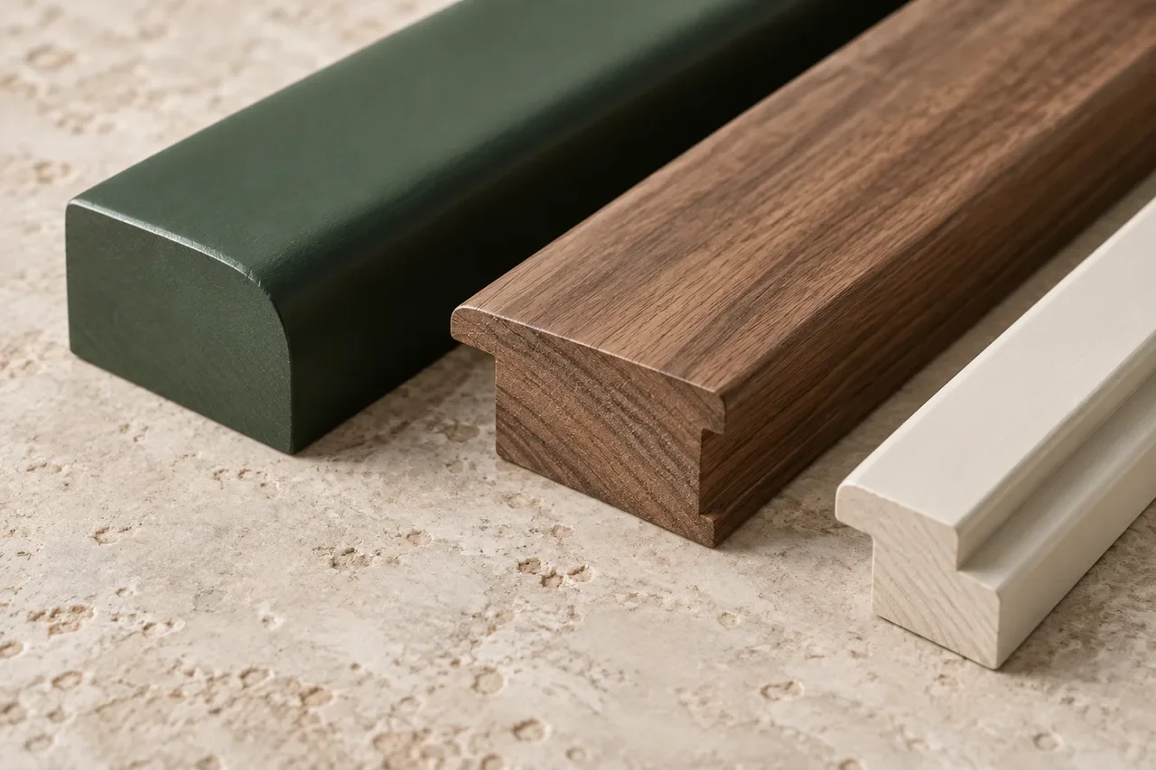 Illustrative green and chalk-painted joinery profiles beside natural walnut