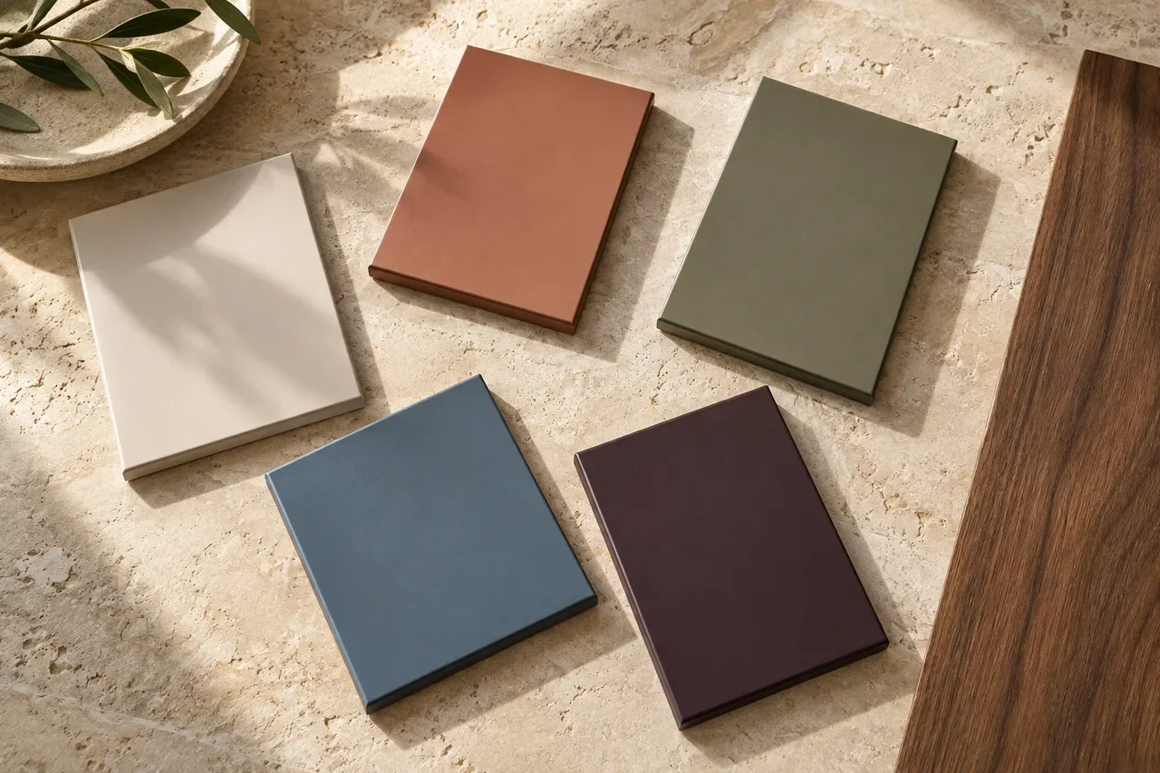 Illustrative painted samples in chalk, clay, olive, dusty blue and aubergine beside natural walnut