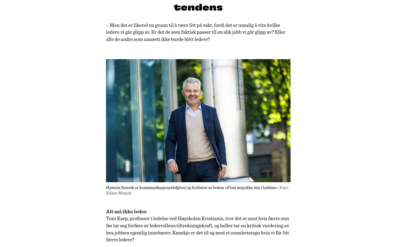 Har lederrollen mistet sin glans? Artikkel i Samfunnsviternes magasin, Tendens.