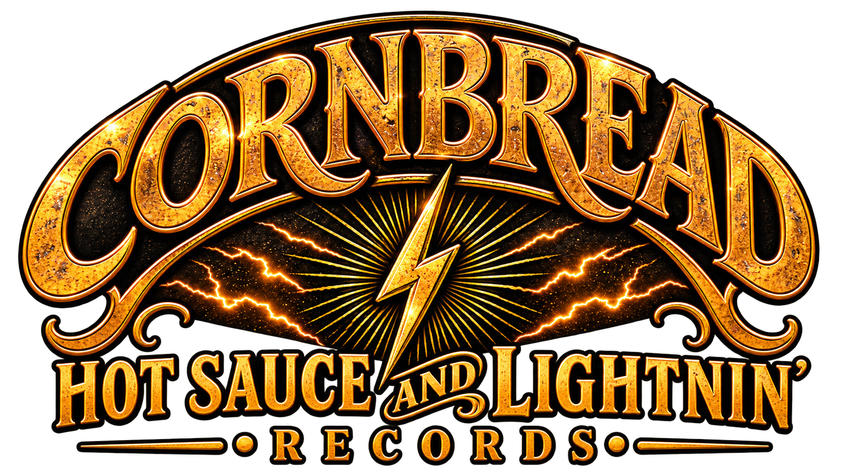 Ornbrēad Hot Sauce and Lightnin’ Records logo with a gold lightning bolt, radiating lines, and lightning accents