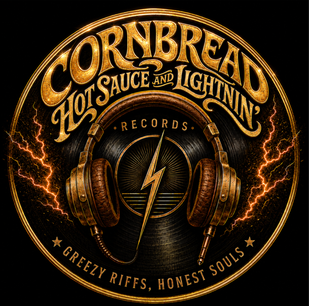 Vintage-style gold logo for Cornbread Hot Sauce and Lightning Records, featuring headphones, a lightning bolt, vinyl record, and electric sparks.