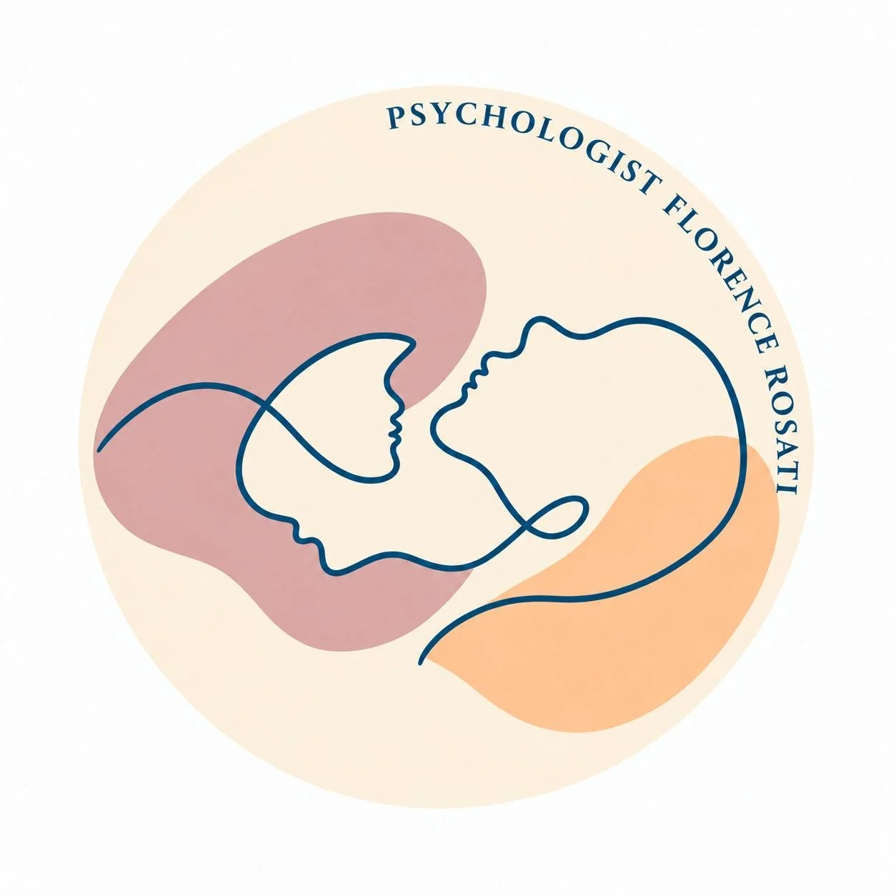 Disegno minimalista di due volti femminili che si fronteggiano, circondati da forme colorate e la scritta 'Psychologist Florence Rosati'.