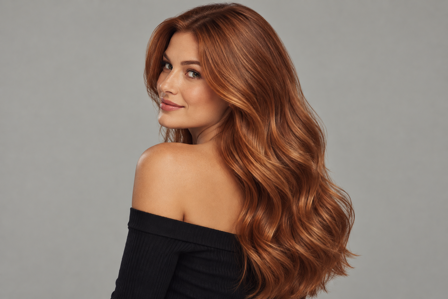 A woman with long, wavy red hair and fair skin, looking over her shoulder with a slight smile, against a plain gray background.