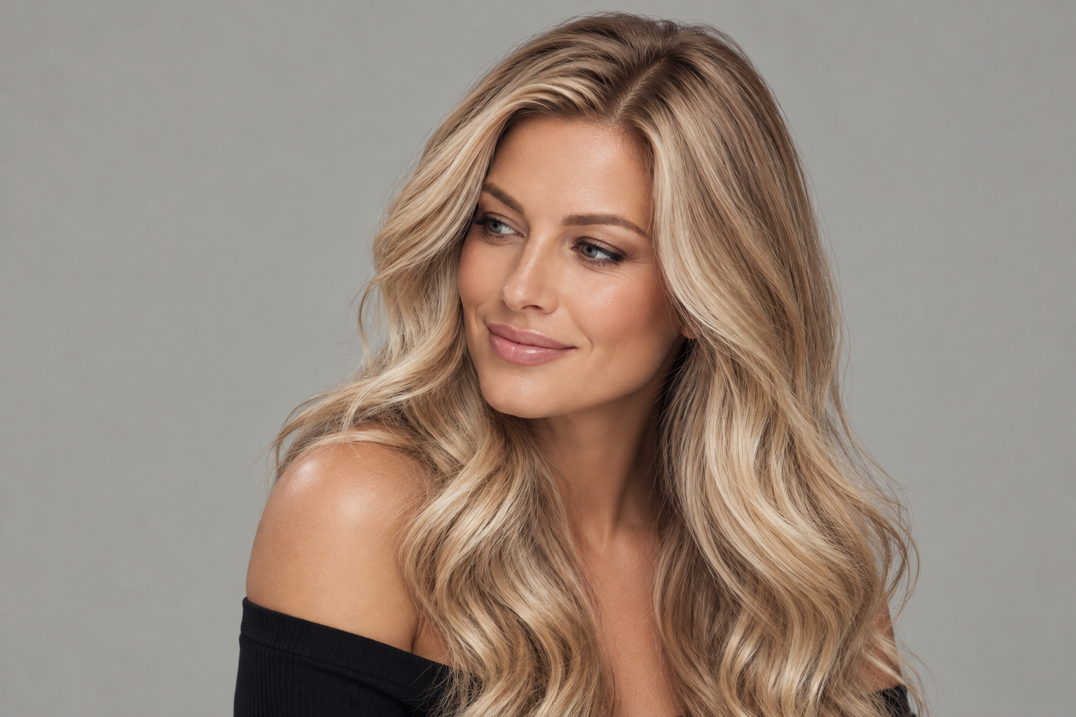Close-up portrait of a woman with long, wavy blonde hair, wearing an off-the-shoulder black top, looking to her left with a slight smile against a neutral gray background.