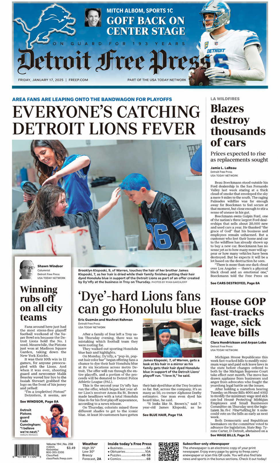 Front page of the Detroit Free Press newspaper, dated January 17, 2025, featuring headlines about Detroit Lions fans, wildfires, and political issues. Top of the page shows a Detroit Lions football player in full gear, holding a football.
