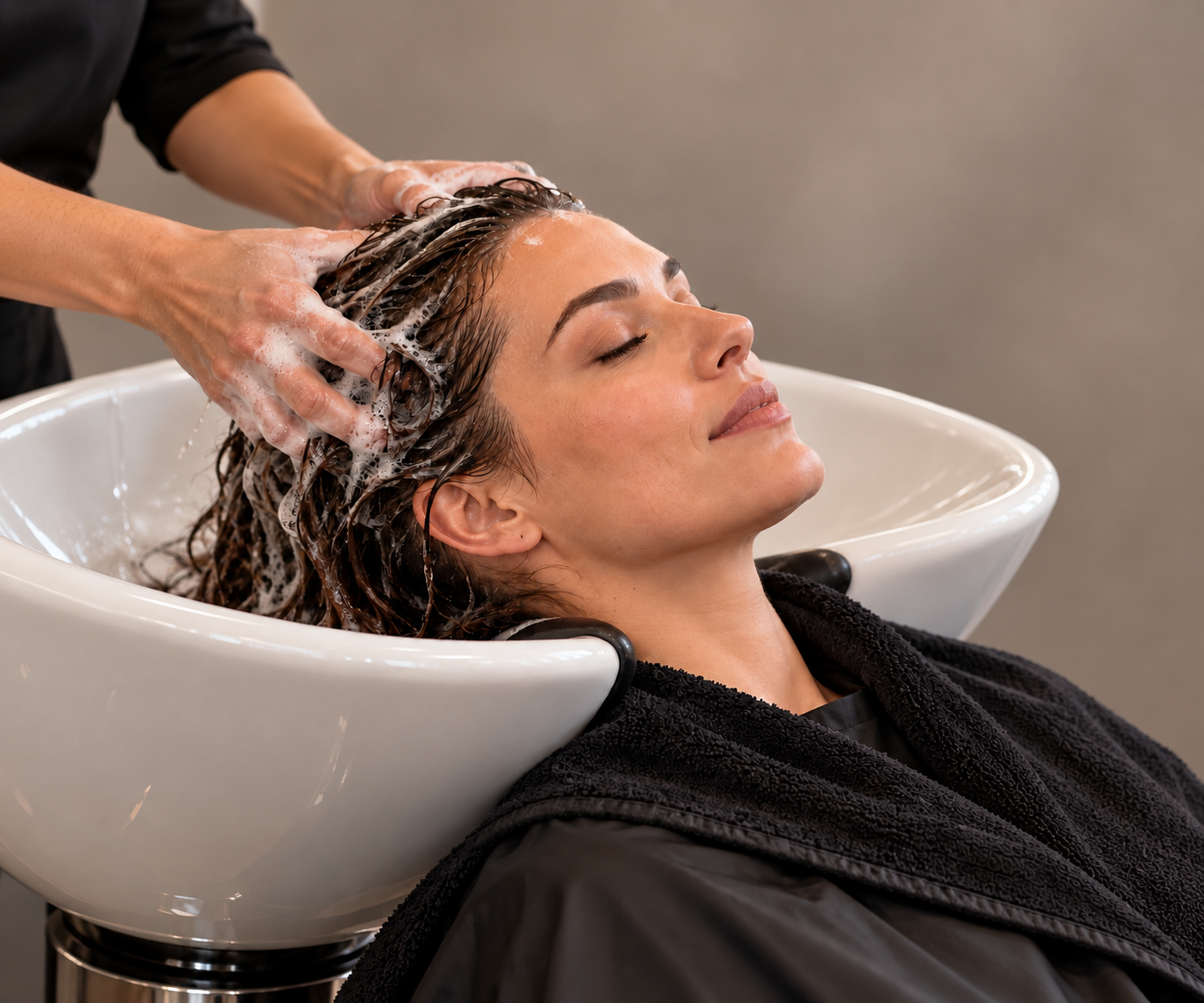 Woman relaxing at a hair salon while her hair is being washed in a sink by a stylist.