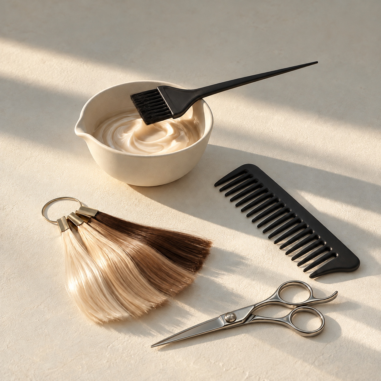 A bowl of hair dye with a black brush inside it, a black wide-tooth comb, a pair of silver hair scissors, a set of hair color swatches, and a hair clip, all arranged on a light-colored surface with sunlight casting shadows.
