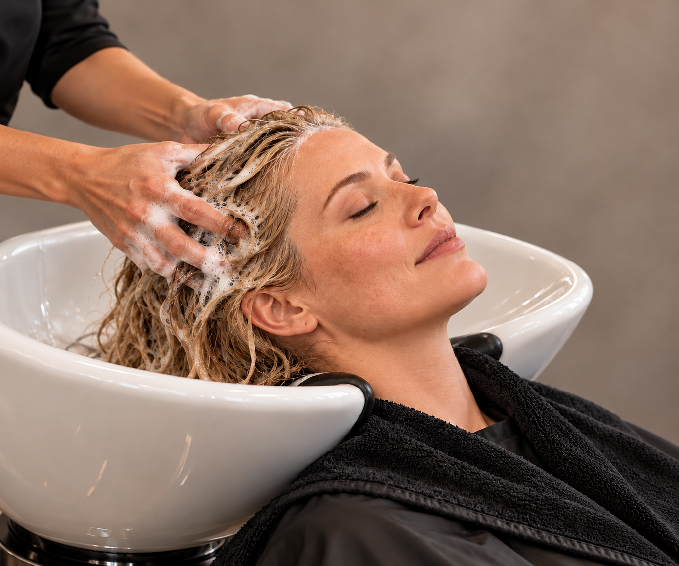A woman relaxing with her eyes closed while getting her hair washed at a salon, with shampoo foam in her hair and a man’s hands massaging her scalp.