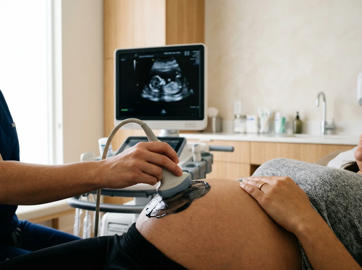 A pregnant woman having an ultrasound scan on her abdomen performed by a medical professional in a clinical setting.