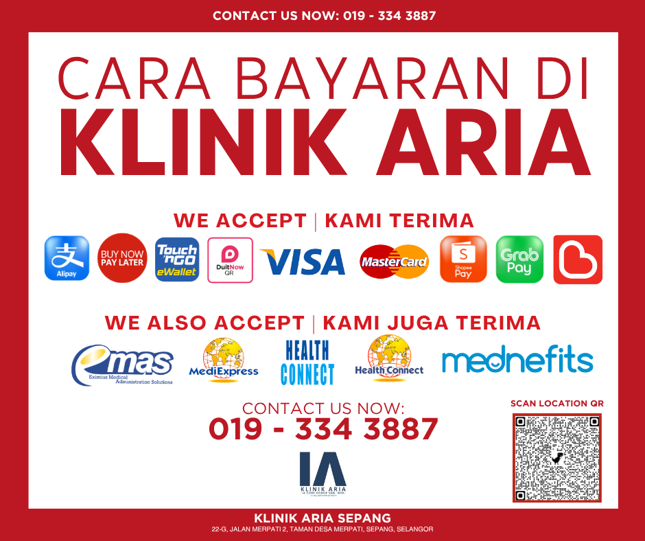 A promotional flyer for Klinik Aria in Sepang, Malaysia, displaying accepted payment methods including Alipay, Touch 'n Go eWallet, DuitNow QR, Visa, MasterCard, Shopee Pay, Grab Pay, and Boost. It also shows acceptance of Medis, MediExpress, Health Connect, and Mednefits healthcare services. The flyer provides a contact number 019-334 3887, location details, and includes a QR code for scanning.