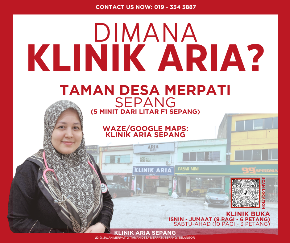 Flyer for Klinik Aria Sepang, a medical clinic in Taman Desa Merpati, Sepang. Features Dr Soraya, contact info, location details, operating hours, and a QR code.