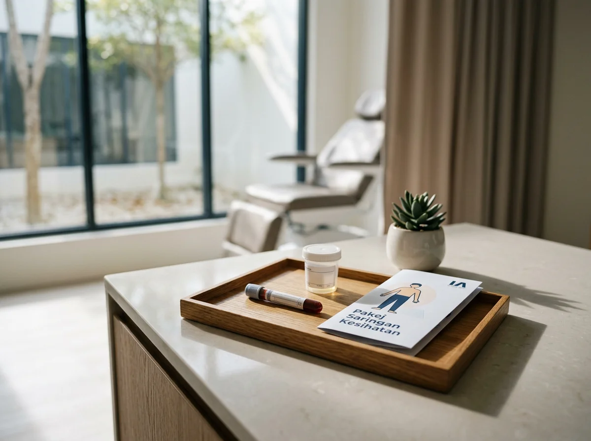 A tray with a small bottle, a test tube, and a brochure on a white countertop, with a potted succulent plant nearby, in a room with large windows and a chair in the background.