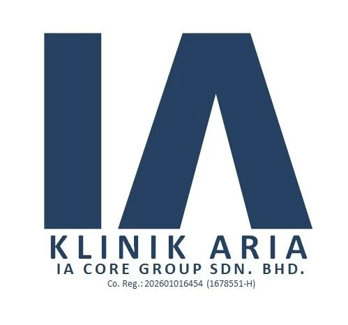 Logo of Klinik Aria, IA Core Group Sdn. Bhd., with large stylized letters IA and text below.
