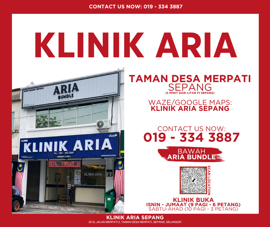Poster advertising Klinik Aria in Taman Desa Merpati, Sepang. The poster includes contact information, location details, a picture of the clinic front, a QR code for location, and operating hours.