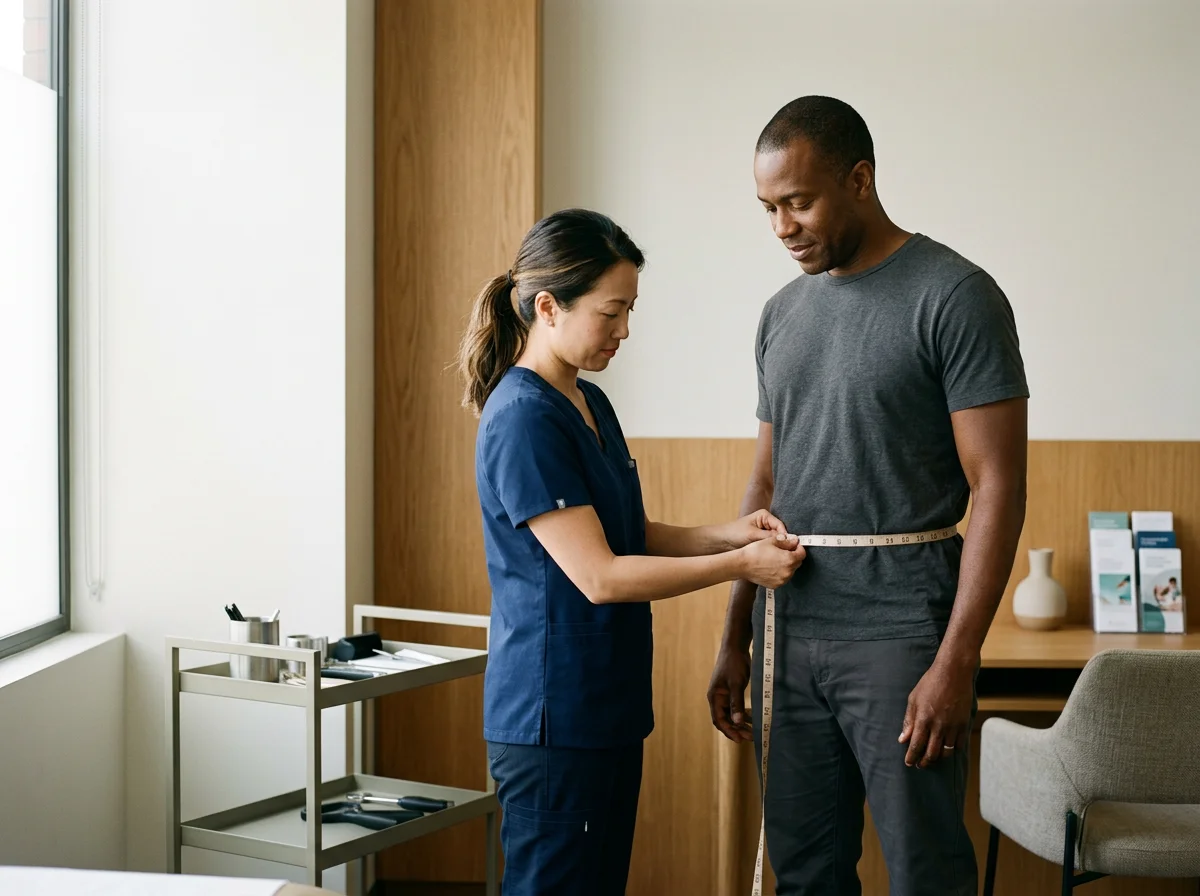Medical professional measuring a man's waist with a tape measure in a clinic or doctor's office.