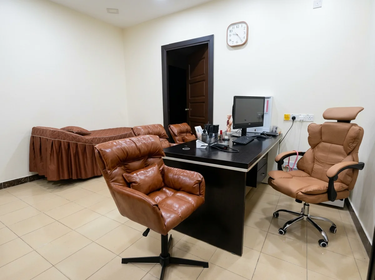 Office room with a black desk, a computer monitor, a beige office chair, a brown leather armchair, a brown couch, and a wall clock showing 9:15.