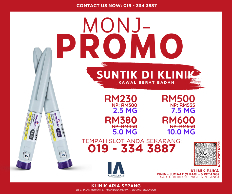 A promotional flyer from Klinik Aria in Sepang offering contraception injections with prices ranging from RM230 to RM600. It includes contact details, a QR code for location, and operation hours.