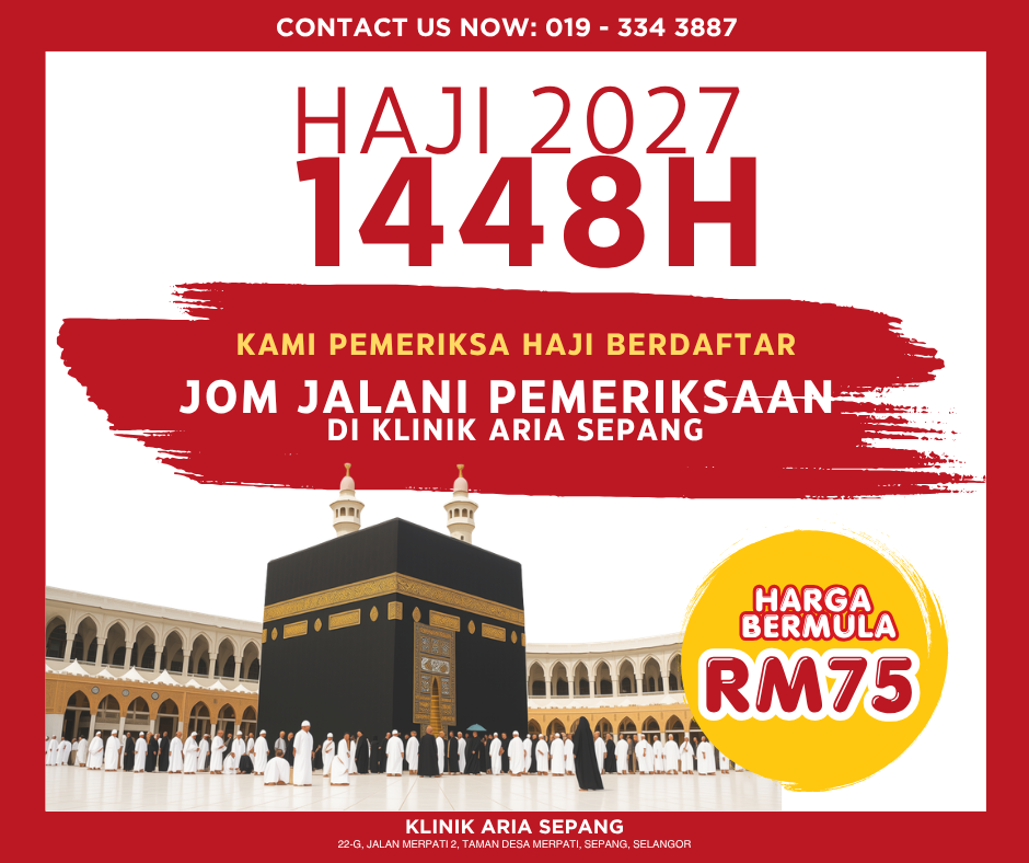 An advertisement flyer for Hajj 2027 medical check up, featuring the Kaaba at Masjid al-Haram, with contact information and a starting price of RM75.