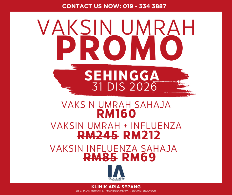 A promotional poster for a vaccination campaign at Klinik Aria Sepang, Malaysia, with contact number 019-334-3887. It advertises a special offer on COVID-19 vaccinations, including individual vaccines for RM160, combination of COVID-19 and influenza vaccines for RM212, and influenza vaccine alone for RM69. The promotion is valid until December 31, 2026, and the clinic's address is listed at the bottom.