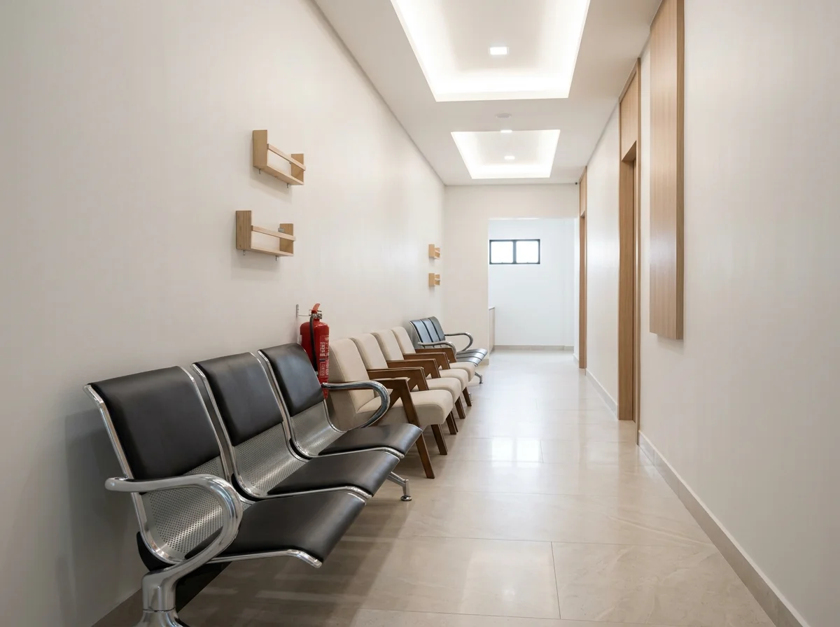 Empty hospital or clinic waiting room with black and beige chairs along the wall, fire extinguisher, wooden wall accents, and small window at the end of the corridor.