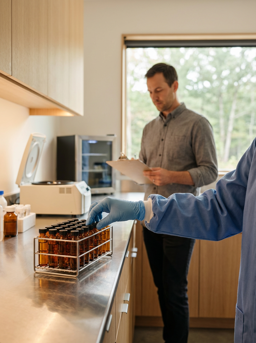 Person in blue gloves handling small vials of liquid on a laboratory countertop, with another person in a gray shirt reviewing documents in the background inside a laboratory or medical facility.