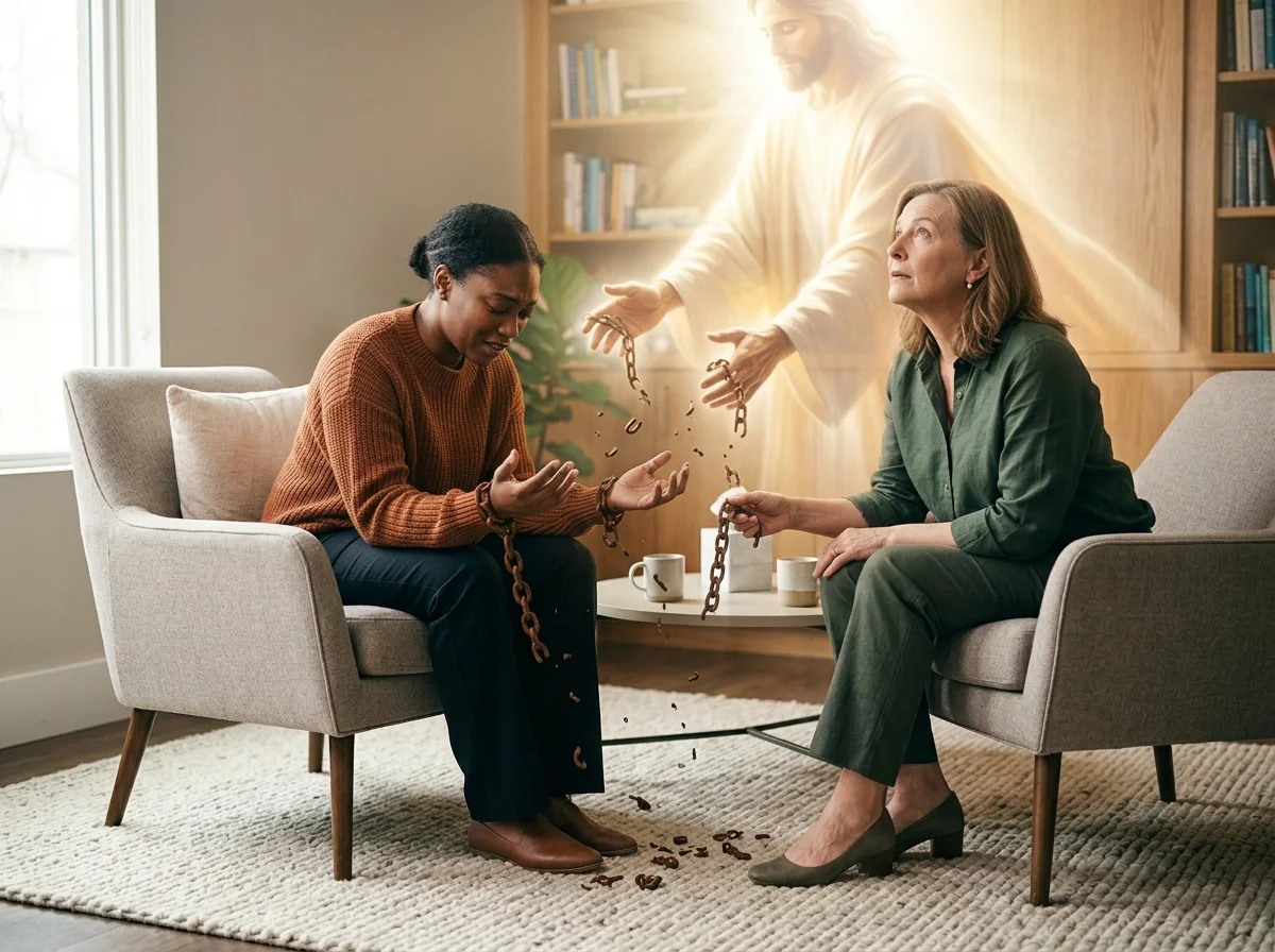 A woman is crying and struggling as a spiritual figure with a glowing aura, dressed in white robes, appears to hand her a chain. Another woman sitting opposite holds some chains, connecting with her. They are seated in a room with a bookshelf, a window, and coffee mugs.