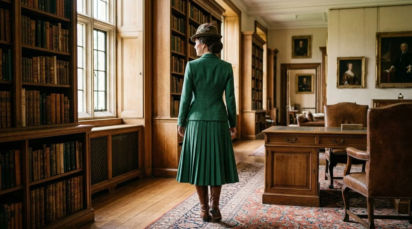 A woman in vintage attire, including a green jacket, pleated skirt, and hat, standing in a historic library or study with wooden bookshelves and framed portraits.