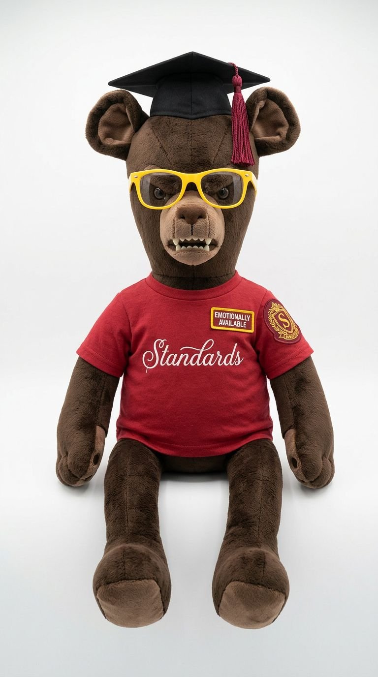 A plush bear wearing a black graduation cap with a red tassel, yellow glasses, a red shirt with white text saying "Standards" and a badge reading "Emotionally Available," sitting against a plain white background.
