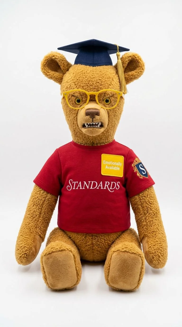 Stuffed bear wearing a graduation cap, yellow glasses, a red shirt with 'STANDARDS' printed on it, and a yellow badge that reads 'Emotionally Available,' set against a plain white background.