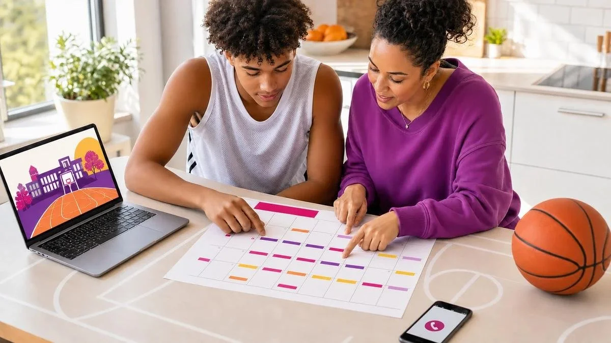 A woman and teenage boy sit at a kitchen table looking at a schedule on paper, with a basketball and laptop nearby. The woman points at the schedule.