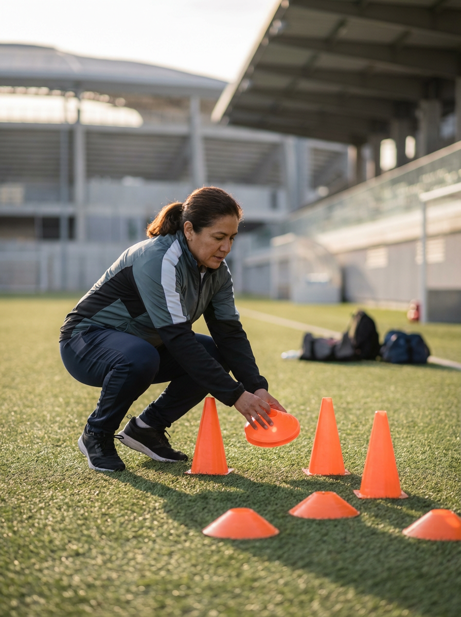 A woman in athletic clothing setting up orange coaching cones on a green sports field at an outdoor stadium.