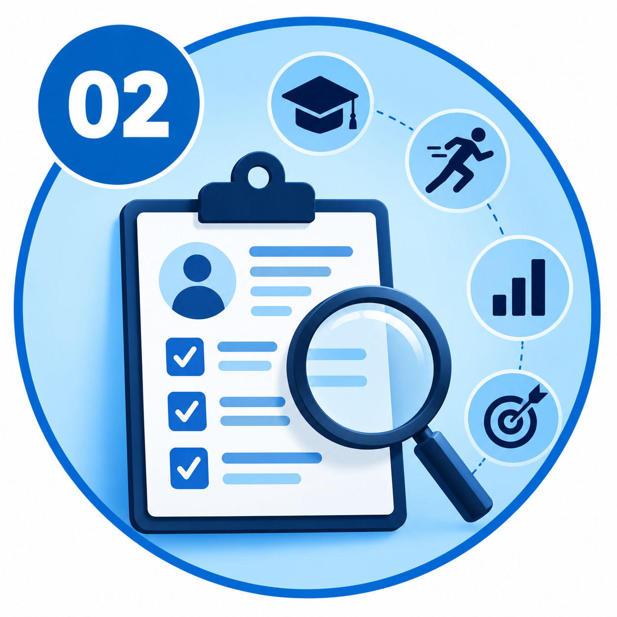 A clipboard with a profile picture, checkboxes, and text, surrounded by icons representing education, running, growth, and target achievement, with a magnifying glass examining the clipboard.