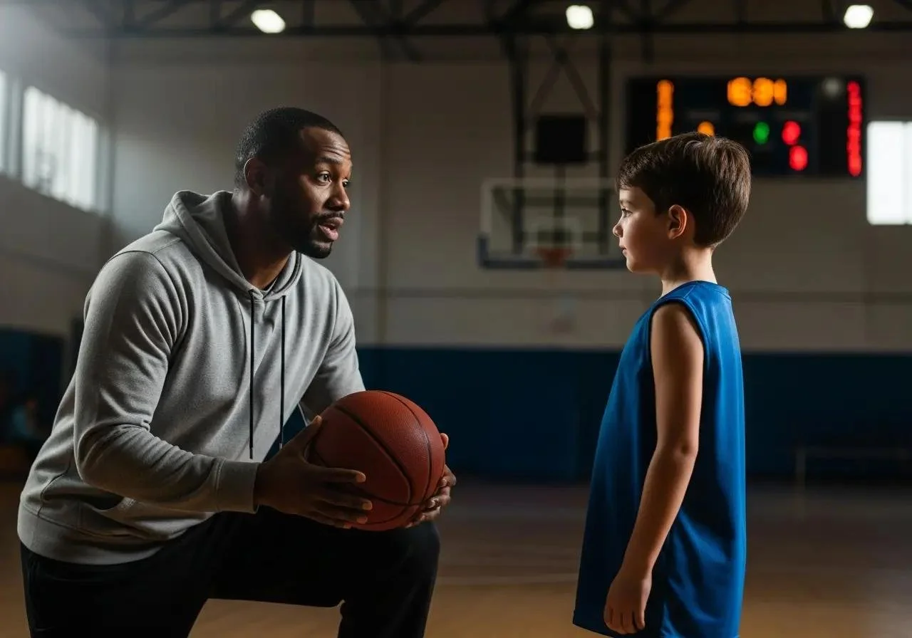 A basketball coach instructing a young boy inside a basketball gymnasium, with a scoreboard in the background.