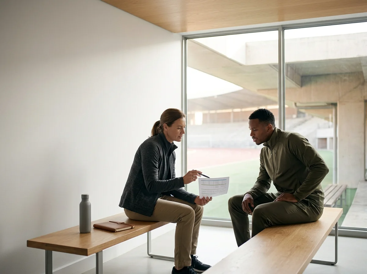 A woman and a man sitting on a wooden bench in a room with large glass windows, engaged in conversation. The woman is holding a paper and pen, with a water bottle and a notebook on the bench beside her.