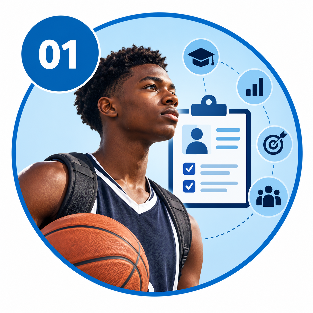 Young male basketball player with a basketball and backpack, looking thoughtfully upward, with digital icons representing education, progress, goals, and teamwork in the background.