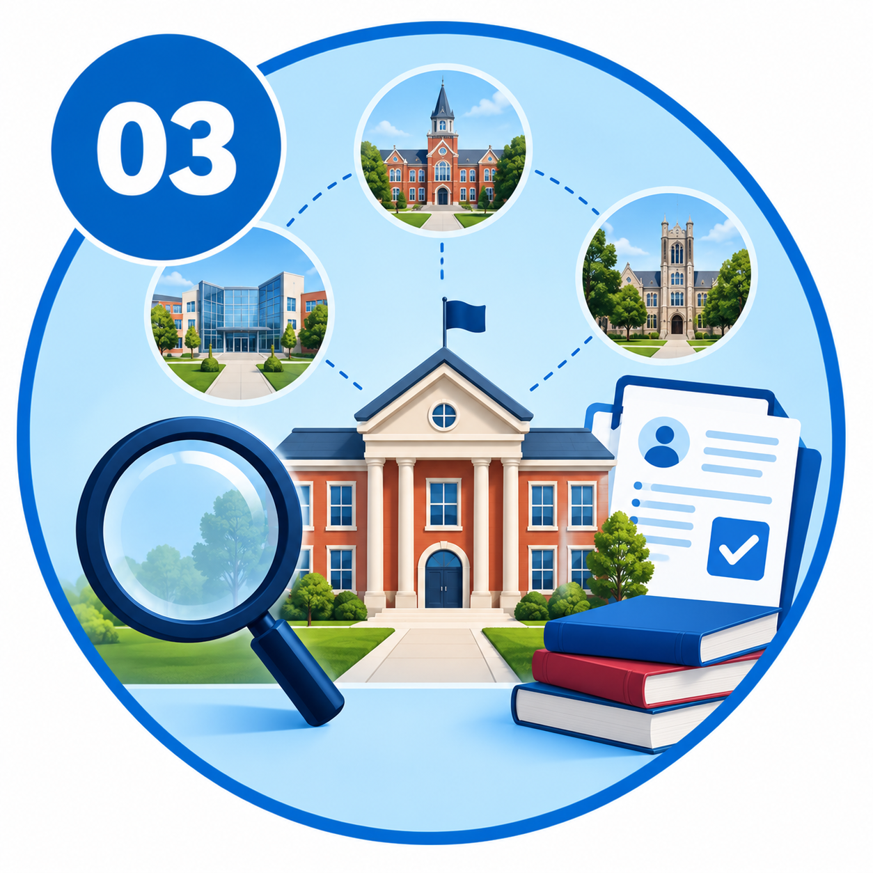 Illustration of a school building with a magnifying glass, school images in circles, a staff document, books, and a blue flag on a circular background.