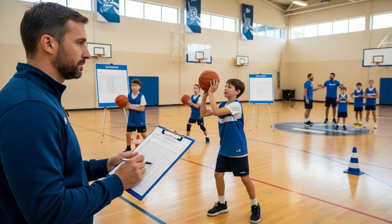 Basketball coach observing young players practicing shooting in gymnasium.