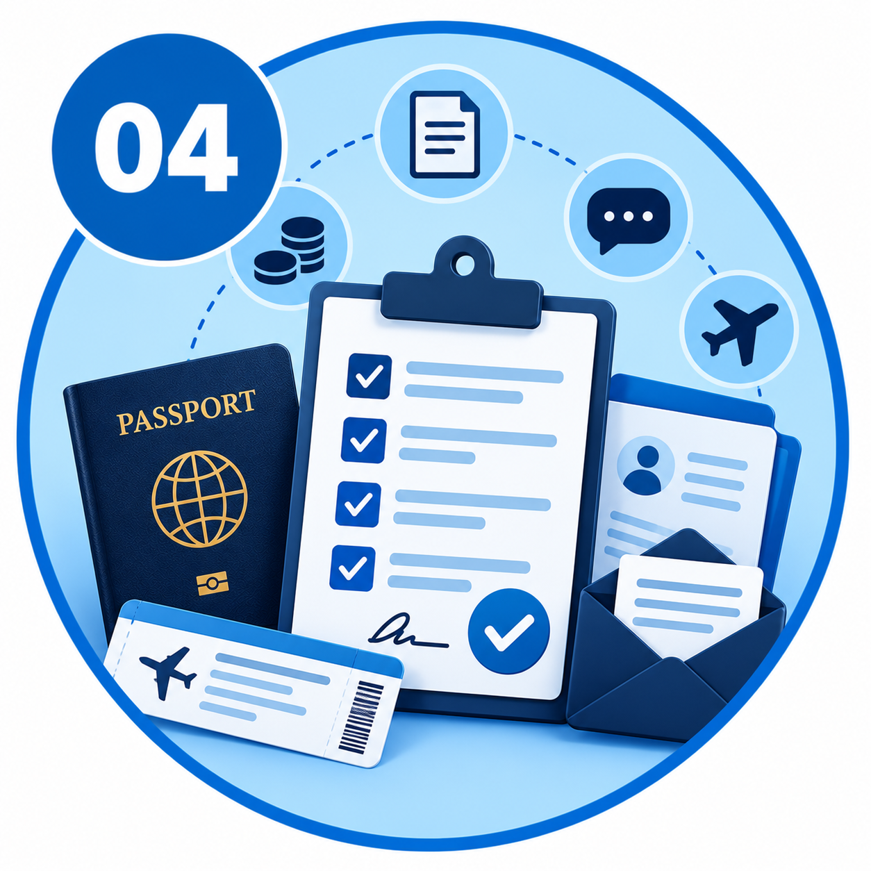 Travel planning illustration with a passport, checklist, airplane tickets, travel documents, envelope, coins, and icons representing speech, document, money, flight, and communication in a circular design.